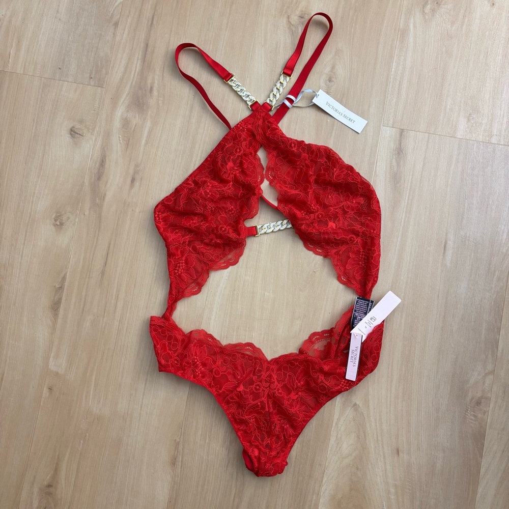 Victoria's Secret Red Lace Bodysuit with Gold Accents